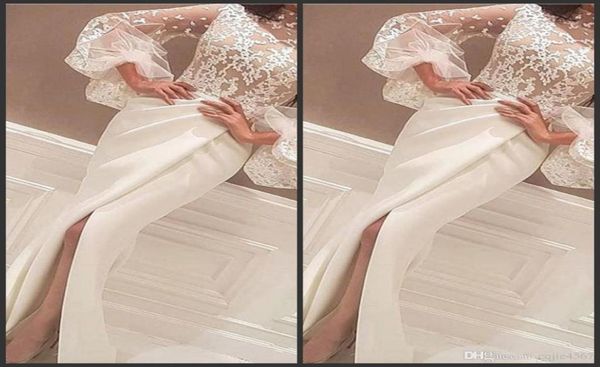 

2019 evening dresses gowns floor length high neck lace appliques long big sleeve mermaid side slit prom dresses white arabi7879497, Black;red