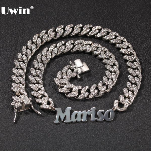 

necklaces uiwn custom stainless steel name pendant with12mm rhinestone alloy cuban chain necklace fashion hiphop jewelry for drop shipping, Silver