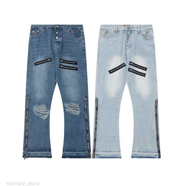 

designer clothing denim pants galleryes depts vintage zipper micro horn loose perforated casual long jeansmen distressed ripped hip hop trou, Blue