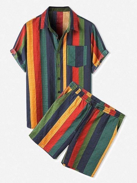 

men s tracksuits men hawaiian shirts shorts thin breathable cotton button up shirt outfits sets colorful striped holiday short sleeve two pi, Gray