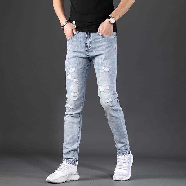 

men's jeans ripped men summer fashion light blue straight slim fit pants casual streetwear distressed denim trousersmen's