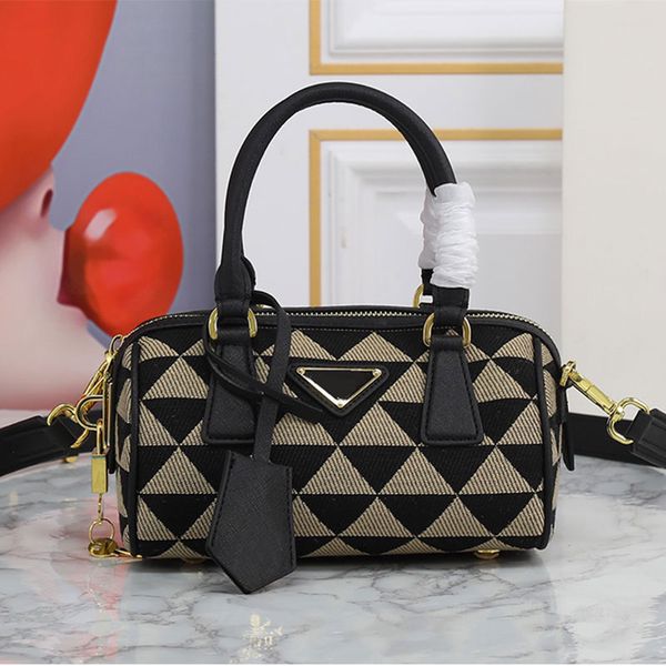 

boston crossbody bags women handbags embroidered fabric pillow bag saffiano leather shoulder purse triangle hardware detachable strap small