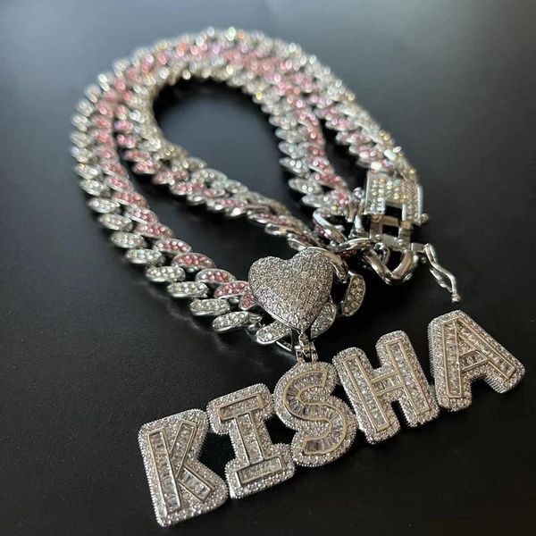 

necklaces hiphop cuban link chain with name pendant two colors chain custom heart necklace icy letters bracelet blingbling monogram, Silver