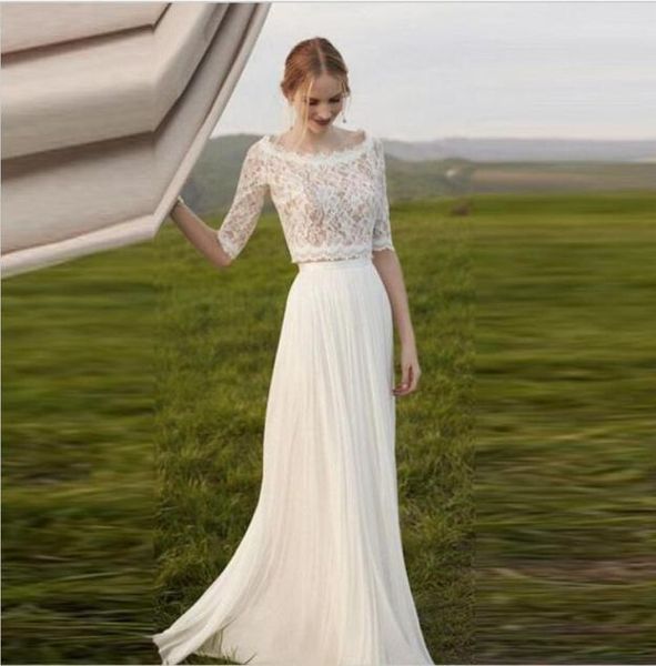 

boat neck half sleeve two pieces dresses lace chiffon crop bohemian wedding dresses spring boho beach wedding gowns ruffles ch1951209, White