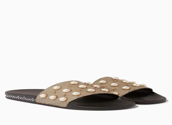 

fashion imitation pearl embellished slide sandal mens womens outdoor beach causal rubber flip flops with box4777913, Black