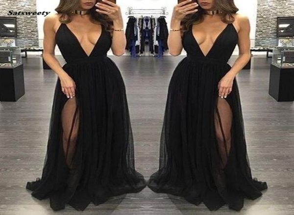 

new high side split tulle prom dresses black deep v neck long women skirts formal party evening gowns vestidos de baile1580587