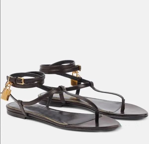 

Summer Design Padlock Sandals Shoes Crisscross Ankle Straps Comfort Flats Leather Black Nude Lock Key Party Dress Walking