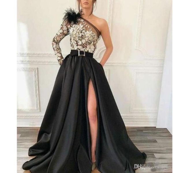 

modern one shoulder black satin a line evening gown long sleeve appliques front split long prom dresses for special occasion wear5668819, Black;red