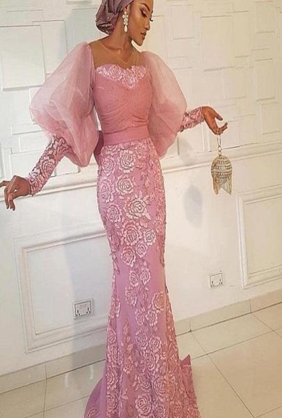 

puff sleeves mermaid evening dresses aso ebi lace appliques prom dress plus size sheer neck formal party gowns5543839, Black;red