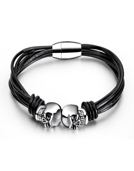 

fashion jewelry mens charm braid multilayer leather skull bracelet finding stainless steel magnetic buckle design punk bracelets f3955819, Golden;silver