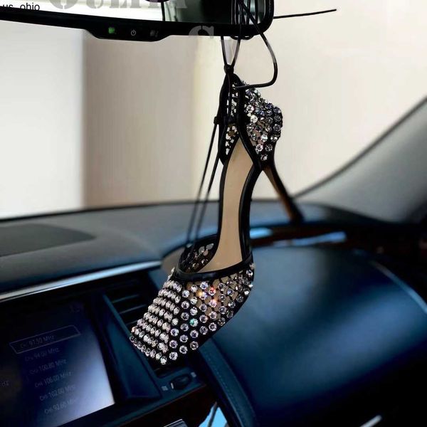 

sandals crystal decorative highheeled sandals luxury designer hollow out wedding banquet party shoes 95cm leather mesh square toe ring lace, Black