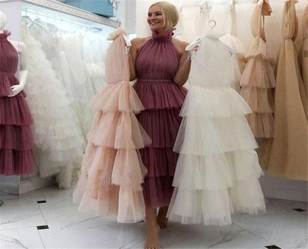 

2019 new tiered tulle long prom dress high neck tea length formal party gowns women evening dresses cake skirts3709540, Black