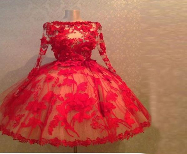 

vintage 1950039s style red lace ball gown short evening dresses long sleeves sheer short prom dresses women formal gowns w6384618, Black;red