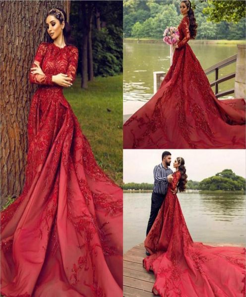 

red a line wedding dresses jewel neck lace long sleeve beaded bridal gowns cathedral train 3d floral appliques wedding robe3705298, White
