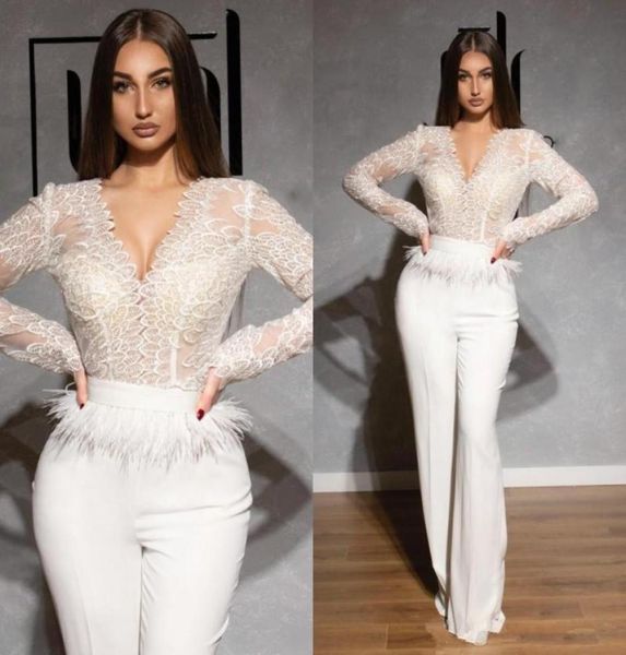 

lace jumpsuits prom dresses v neck long sleeve feather dubai arabic satin celebrity evening gowns pantsuits formal pageant dress1141047, White;red