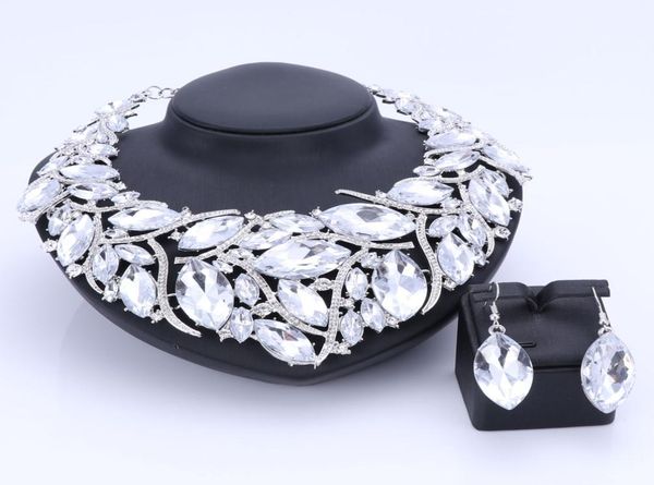 

african beads jewelry sets for women accessories wedding bridal clear crystal pendant statement necklace earring jewelry set8180631, Silver