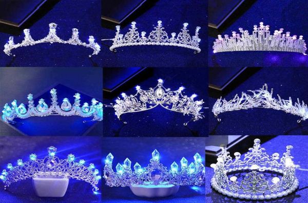 

new various luminous tiaras crowns for bride blue light led crown for women party wedding headpiece hair ornaments crystal tiara h3145056, Slivery;golden