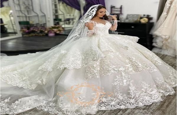 

gorgeous lace ball gown wedding dresses princess with long sleeve vneck ruffle layers chapel train bridal dress vestidos de novia3635501, White