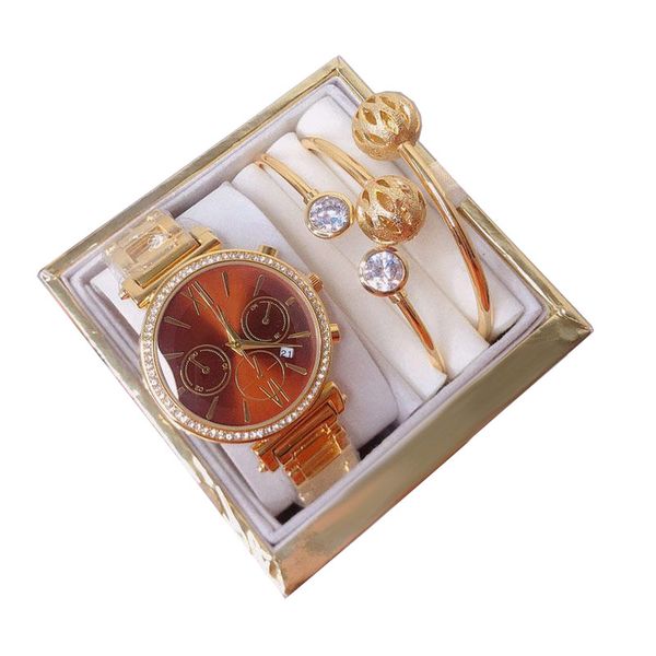 

fashion 3 sets luxury womens watch bracelet brand rose gold wristwatches lady designer diamond watches for women christmas birthday gifts wi, Slivery;brown