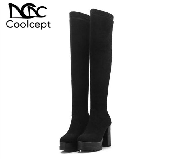 

coolcept thigh high boots new winter suede stretch shoes women fashion square high heels platform footwear size 32421657031, Black