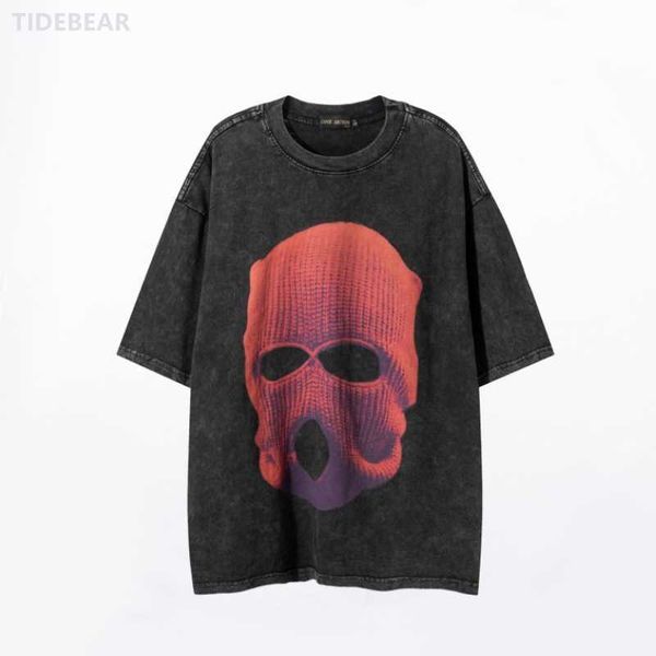 

new chaoshen's washed-water old high-street red headdress printed hip-hop casual round neck short-sleeved t-shirt for men, White