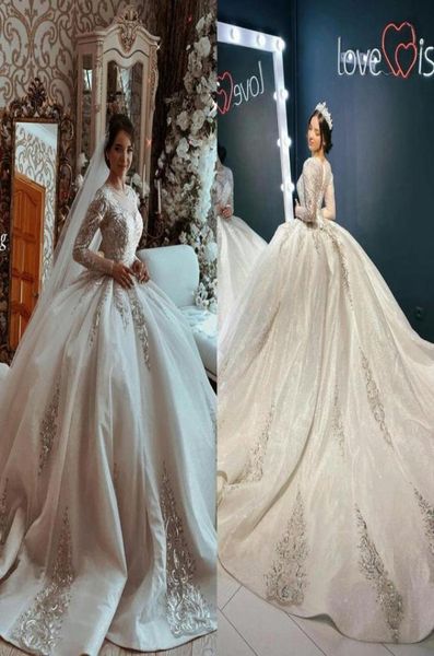 

modest ball gown 2021 wedding dresses full long sleeves lace beaded jewel neck bridal gowns vintage arabic plus size robes de mari5205548, White