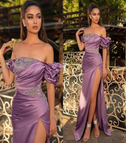 

elegant purple evening dresses with silver beadsappliques off shoulder ruffles sleeve split mermaid party occasion gowns7475086, Black;red