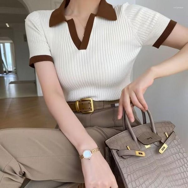 

Women's Polos Women's T-shirt Polo Collar Short Sleeve Fashion Blouses 2023 Female Slim Knitted Tee White Skinny Casual Women Summer