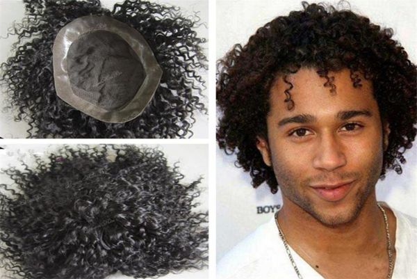 

6inch 1b color kinky afro curl human hair pieces virgin indian men toupee lace with pu around 2368417, Black