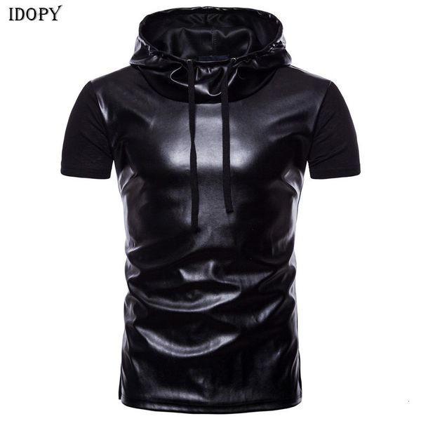 

men s t shirts idopy summer hooded black leather t shirt men short sleeve slim fit casual punk rock nightclub hip hop tee shirt hoodie 23052, White;black