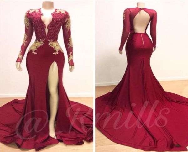 

2020 gold appliques dark red mermaid prom dresses new deep v neck open back split evening gowns long sleeve robes de soriee1312275, Black