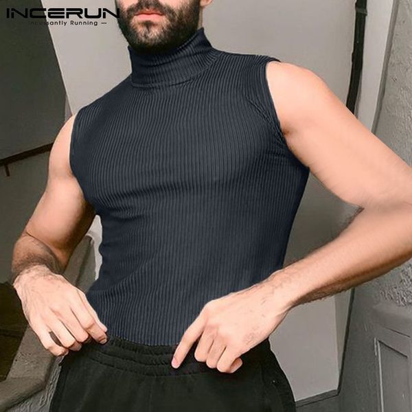 

men  tank incerun men turtleneck sleeveless 2023 solid color vests streetwear skinny fashion casual waistcoats  5xl 230522, White;black