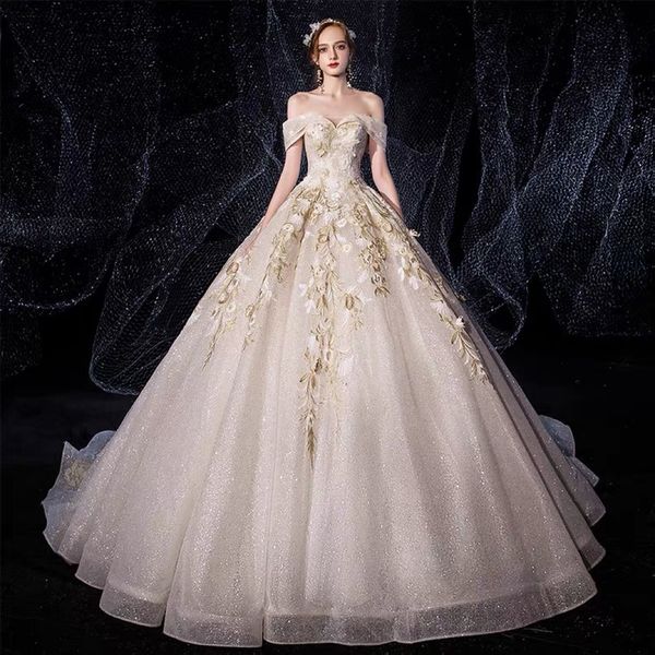 

gorgeous wedding dresses off the shoulder boat neck applique shiny sweep train lace up backless ivory party ball bridal gown new, White