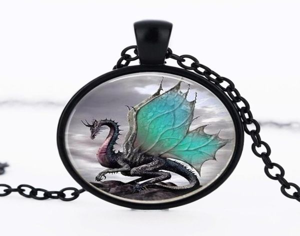 

long pendants time gem animal necklace blue dragon convex round glass handmade jewelry three from the 7339091, Silver