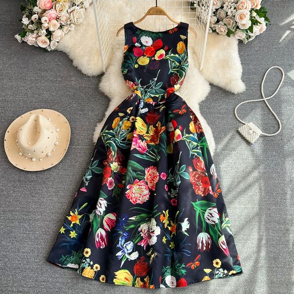 

luxury and luxurious sleeveless long dress round neck waist slim a-line large swing printed dress elegant dress, Black;gray