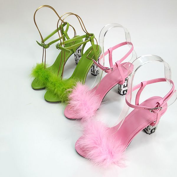 

2023 leather sheepskin leather sandals chunky high heels cut out summer narrow band one line peep-toe open toes flip-flops narrow band feath, Black