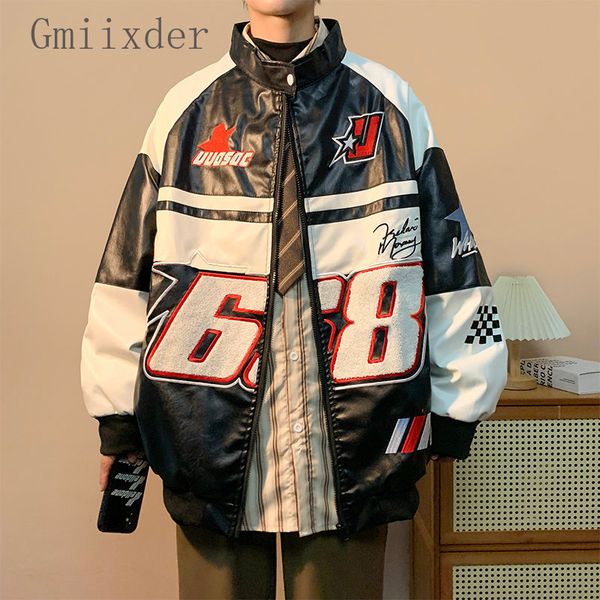 

men s jackets gmiixder american hip hop racing coat motorcycle leather jacket flocked embroidery loose casual windproof punk vibe 230522, Black;brown
