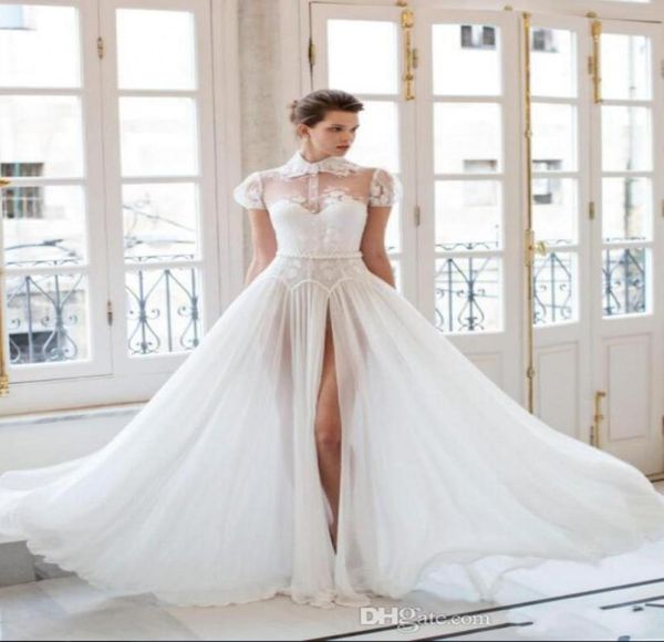

2019 new classic riki dalal wedding dresses high split with high neck and short sleeves appliques chiffon with soft lining bridal 3708804, White