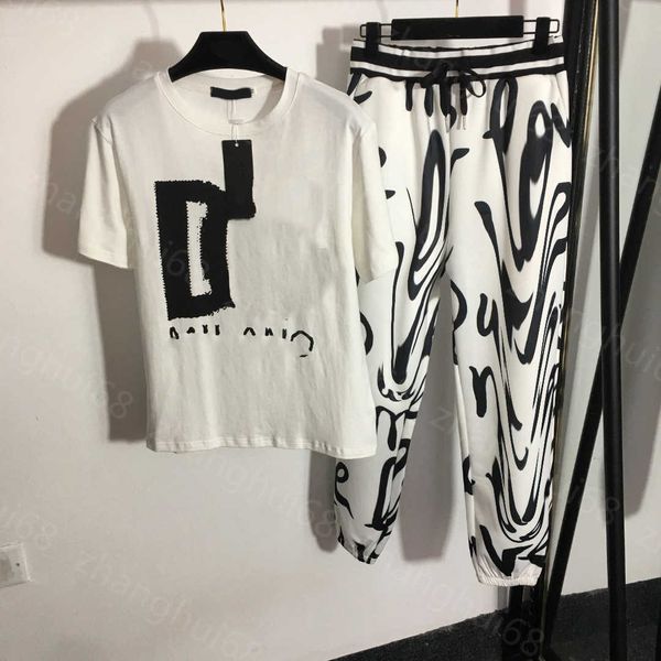 

23ss casual suit womens designer clothing women pants sets monogram printed cotton short sleeve t-shirt elastic waist casual pants set women, White