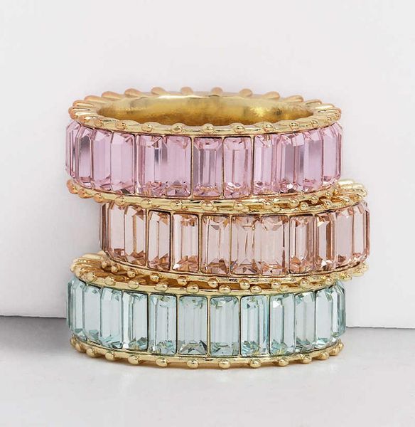 

aoteman copper rainbow ring colorful multi color cz eternity baguette finger gold rings women females jewelry accessories x07152338519, Slivery;golden
