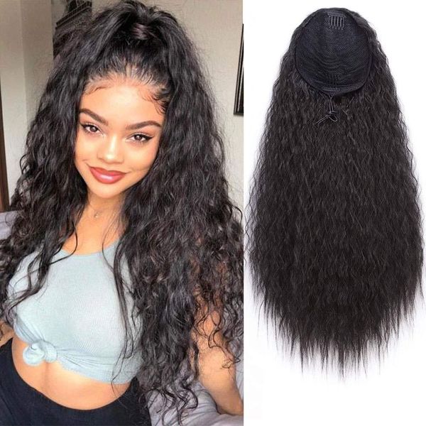 

drawstring lonytail long curly elastic mesh women's long curly ponytail, Black
