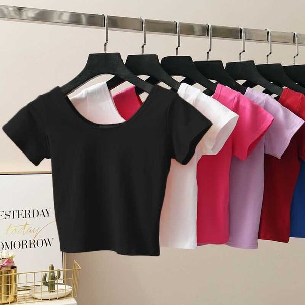 

brand 11 women summer fashion t colors shirt solid crop t-shirt cropped slim high waist short sleeve basic clothes woman tee, White