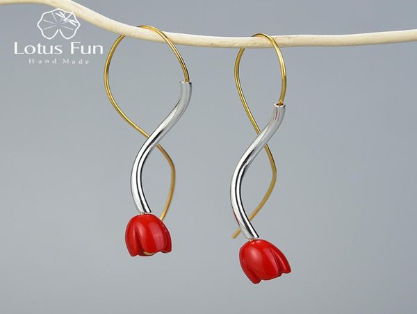 

lotus fun real 925 sterling silver handmade designer fine jewelry ethnic style red rose flower dangle earrings for women gift 21058675764, Golden;silver
