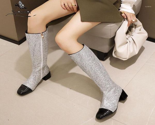 

boots sgesvier glitter knee high women gold silver tall woman 2021 autumn winter party wedding bling shoes13110167, Black