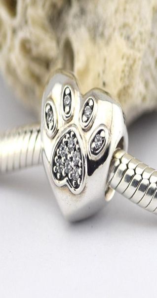 

925 sterling silver heart paw charm beads with cubic zirconia fits pandora diy fine jewelry bracelets necklaces3056530