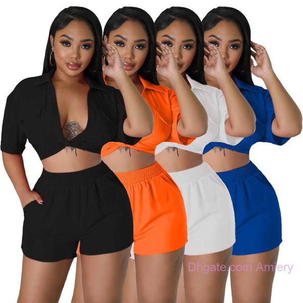 

women tracksuits designer two piece shorts set 2023 summer new deep neck solid color short sleeve and shorts suit 2 piece sets, Gray