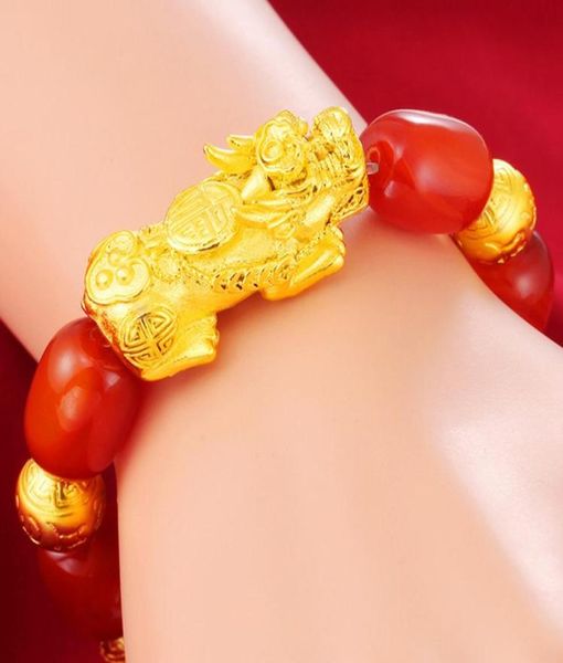 

vietnam goldplated pixiu feng shui hand chain red agate beaded bracelet mascot lucky women jewelry3220710, Golden;silver