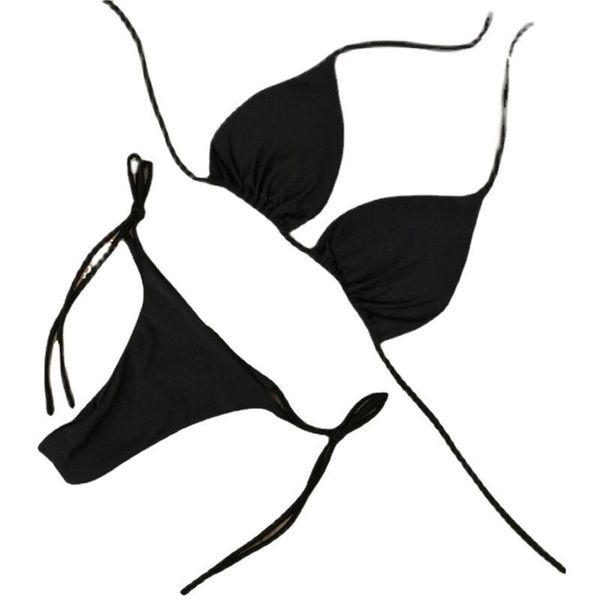 

women's ultra thin elastic thong bikini set side tie solid color swimsuit bandage style brazilian swimwear, Black