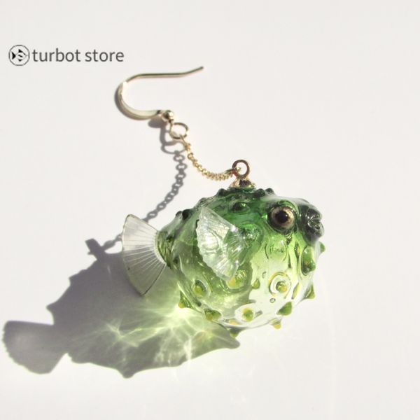 

knot original handmade green transparent imitation glass simulation porcupine earrings resin small puffer fish jewelry, Silver