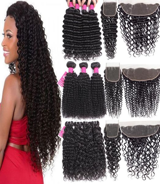 

9a brazilian virgin hair bundles with closures 4x4 lace closure or 13x4 lace frontal closure kinky curly deep wave bundles with cl4061502, Black